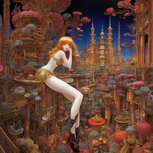 Prompt: Katsuhiro Otomo, Harry Clarke, Giovanni Battista Piranesi, vibrant colours, Surreal, mysterious, strange, fantastical, fantasy, Sci-fi, Japanese anime, Machine Age Eros, hallucination, passionate baroque, eternalizing a private paradise space with luxury and a luxurious feeling, narrative labyrinth art, miniskirt blonde beautiful girl Alice's wonder, perfect voluminous body, detailed masterpiece 