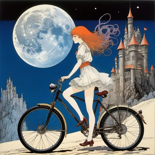 Prompt: Harry Clarke, Johnny Gruelle, Surreal, mysterious, bizarre, fantastic, fantasy, sci-fi, Japanese anime, miniskirt beautiful high school girl's night bike trip, perfect voluminous body, on the wire, behind the moon, castle in the clouds, giant octopus in the desert, detailed masterpiece 