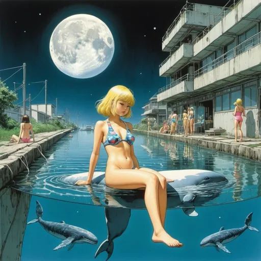 Prompt: Katsuhiro Otomo, Ed Valigursky, Surreal natural history, mysterious, bizarre, fantastical, h sci-fi fantasy, anime, whale in the moon canal, beautiful girl in a school swimsuit sunbathing, detailed masterpiece 