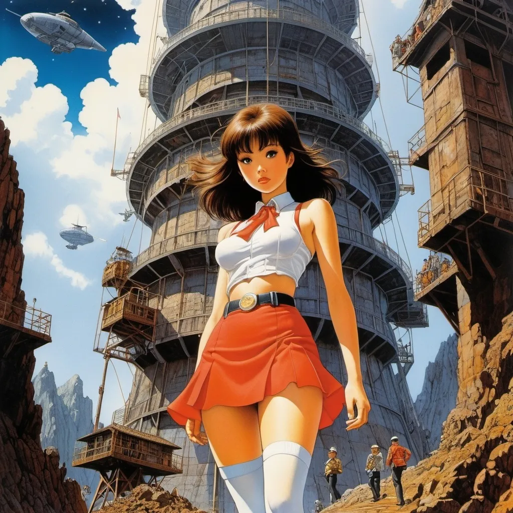 Prompt: Katsuhiro Otomo, Hans Unger, Max Pietschmann, Wayne Barlowe, George Soper, Surrealism, wonder, strange, bizarre, fantasy, Sci-fi, Japanese anime, towers and stars in underground mines, tarot dancing in the air, wheel of fortune and beautiful high school girl in miniskirt, perfect voluminous body, detailed masterpiece 