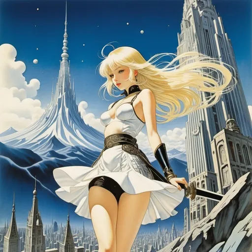 Prompt: Kay Nielsen, Ernst Kreidolf, Otto Eckmann, Masamune Shirow, Yuu Watase, Surrealism, mysterious, bizarre, fantastical, fantasy, Sci-fi, Japanese anime, music notation, trajectory, thread, surface, mountains and skyscrapers, blonde miniskirt beautiful girl Alice, perfect voluminous body, detailed masterpiece 