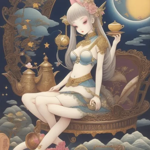 Prompt: Maurice Sendak, Tony Ross, Yoshitoshi Abe, Surreal, mysterious, strange, fantastical, fantasy, sci-fi, Japanese anime, a beautiful girl in a miniskirt sitting on a crescent moon and having tea, perfect body, stars like confetti, detailed masterpiece 