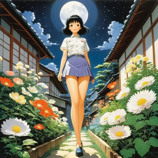 Prompt: Sunao Katabuchi, Yoshiyuki Sadamoto, Katsuhiro Otomo, Masaki Kajishima, Harue Koga, Surrealism, wonder, strange, fantastical, fantasy, Sci-fi, Japanese anime, backyard where stone flowers bloom, nutrients of the night, miniskirt beautiful gardener, perfect voluminous body, detailed masterpiece 