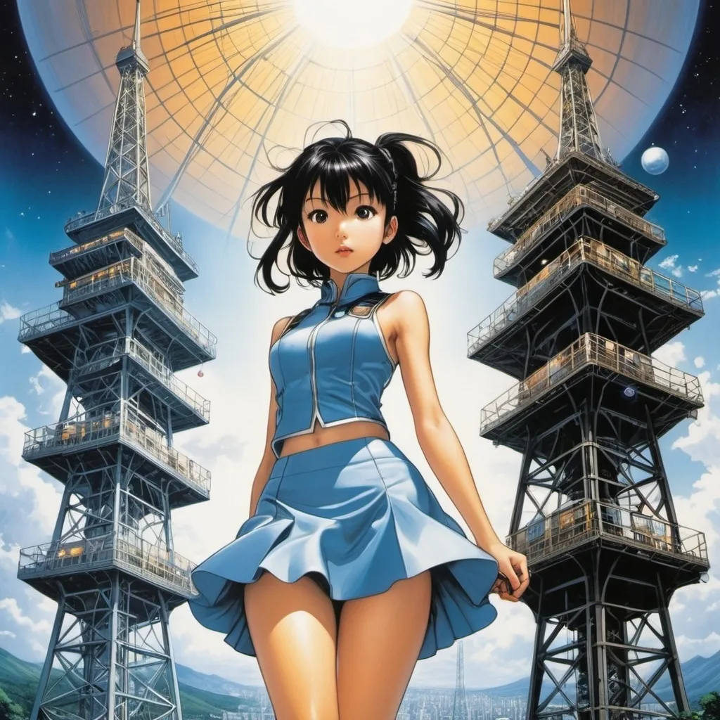 Prompt: António Dacosta, Hiro Mashima, Keith Henderson, Stephen Reid, Yun Kōga, Surrealism, wonder, strange, bizarre, fantasy, Sci-fi, Japanese anime, zero-gravity elevator, invitation to a space dinner party, nostalgic power transmission tower, beautiful high school girl in a miniskirt, perfect voluminous body, detailed masterpiece 