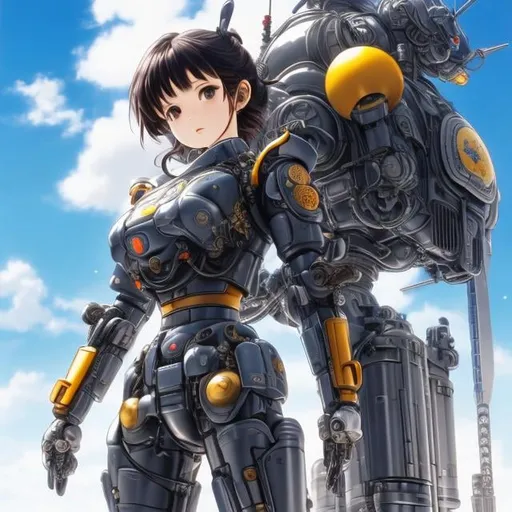 Prompt: Katsuhiro Otomo, Masamune Shirow, Kunio Okawara, Surreal, mysterious, strange, fantastical, fantasy, Sci-fi, Japanese anime, beautiful girl Earth Defense Force, short-haired beautiful girl in a body-fitting mechanical suit, belly button exposed look, boyish, pilot of a giant battle robot, ready for battle, hyper detailed masterpiece high resolution definition quality, depth of field cinematic lighting mechanical design 