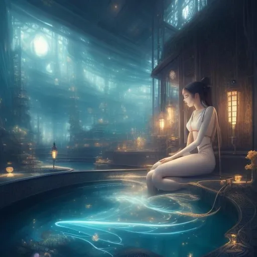 Prompt: Julien Pacaud, CHARLES EUPHRASIE KUWASSEG, Surreal, mysterious, strange, fantastical, fantasy, Sci-fi, Japanese anime, flowing glass architecture, beautiful nurse at night, perfect body, lost ship, detailed masterpiece 