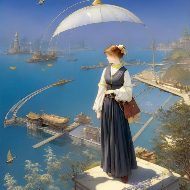 Prompt: Kate Greenaway, Jessie Willcox Smith, Charles Robinson, Masamune Shirow, Surreal, mysterious, bizarre, fantastical, fantasy, Sci-fi, Japanese anime, electric train of love flies, beautiful high school girl in a miniskirt, food chain on earth, literature, painting, theater, architecture, music, swimming, hyper detailed masterpiece, high resolution definition quality, depth of field cinematic lighting 