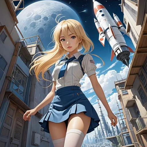 Prompt: Hans Waldemar Wesso, Saki Hiwatari, Surreal, mysterious, strange, fantastical, fantasy, Sci-fi, Japanese anime, future city in a closet, blueprint, blueprint, rocket heading to the moon, beautiful blonde miniskirt girl Alice, perfect voluminous body, perspective, angles, detailed masterpiece 