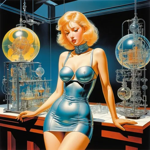 Prompt: Hans Bellmer, Virgil Finlay, Cardwell Higgins, Vaughan Bass, Tsutomu Nihei full colours, Surrealism Mysterious Weird Fantastic Fantasy Sci-fi, Japanese Anime, Assembling a glass automaton, Miniskirt beautiful girl doctor, Laboratory, Mechanical engineering, Soft glass, detailed masterpiece 