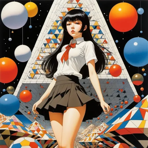 Prompt: Anna Castagnoli, katsuhiro Otomo, Aubrey Beardsley full colours, Surrealism Mysterious Weird Fantastic Fantasy Sci-fi, Japanese Anime Beautiful high school girl in a miniskirt made of spheres and triangular pyramids The land of the Go board, What is geometry?, detailed masterpiece 