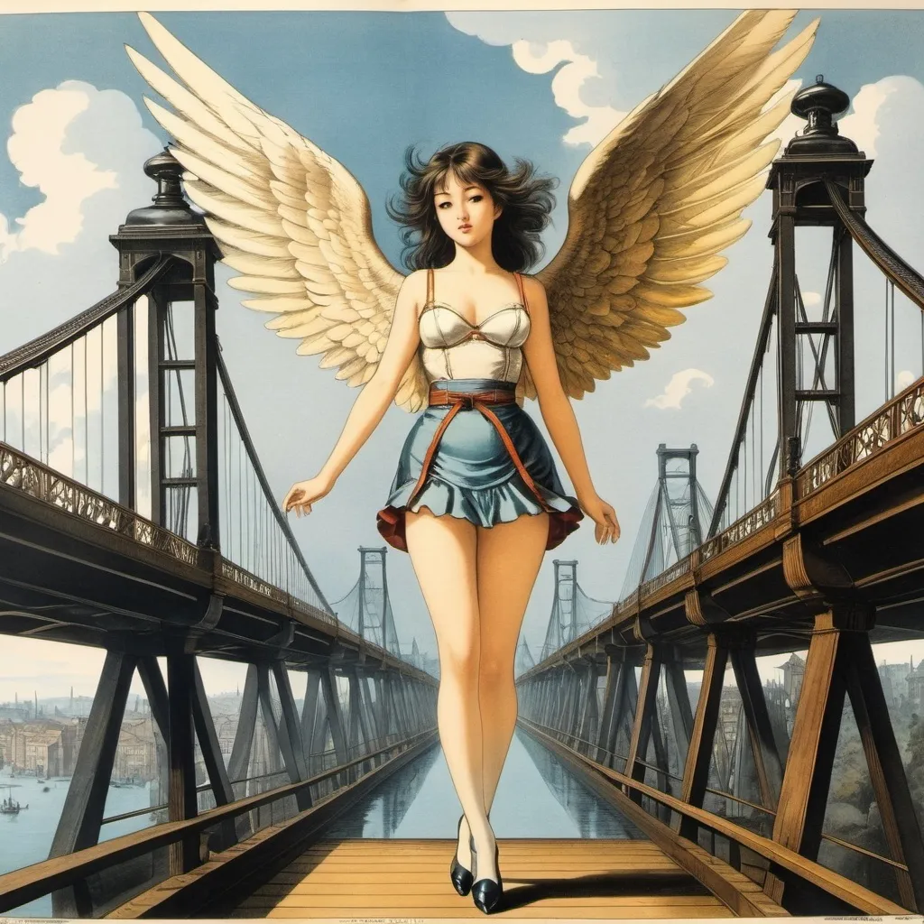 Prompt: Maximilian Liebenwein, Kenji Tsuruta, kore yamazaki, Lorenzo Petrantoni full colours, Rafał Olbiński, Surrealism, mysterious, bizarre, fantastical, fantasy, Sci-fi, Japanese anime, beautiful angel in a miniskirt standing by the bridge, perfect voluminous body, from a hand-colored copperplate print, the industrial revolution and the discovery of electricity, detailed masterpiece 