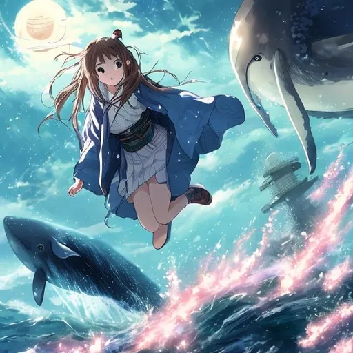 Prompt: Japanese anime, wonder  sci-fi fantasy, lighthouse at the end of the galaxy, jumping whale, beautiful girl in tight kimono watching whale jump,  hyperdetailed high definition high resolution high quality masterpiece 