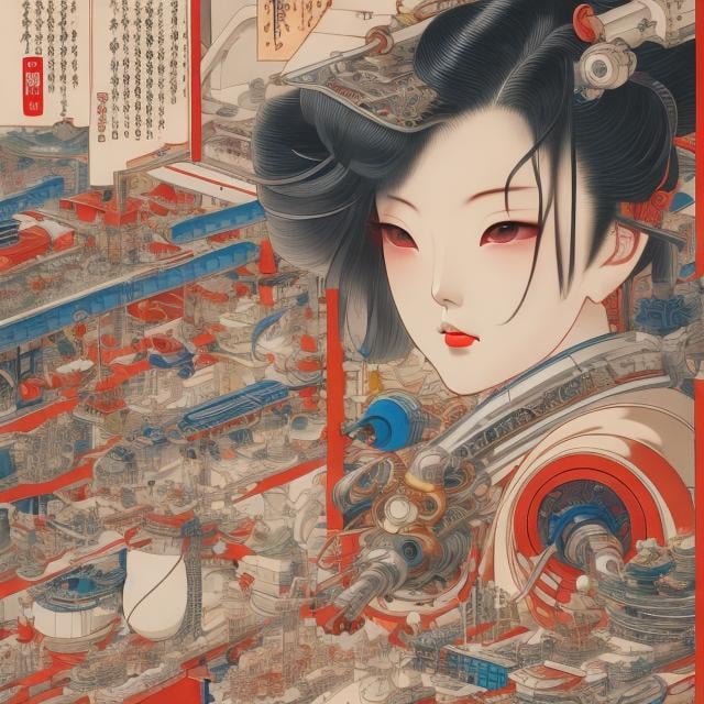 Prompt: Ukiyo-e style Masamune Shirow, Katsuhiro Otomo, fine lines Anime surreal wonder strange fantasy Sci-fi fantasy cyborg girl perfect body under repair laboratory machine tube gear Skintight metallic low cut suits, smiling, hyper detailed, high resolution definition quality masterpiece, depth of field, focus