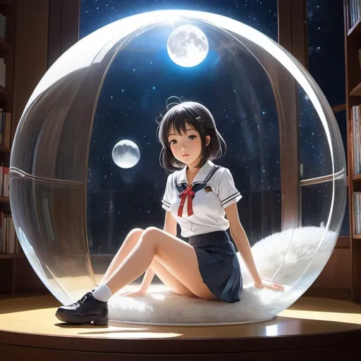 Prompt: Lily Hoshino, Kazue Kato, Kore Yamazaki, Surrealism, wonder, strange, bizarre, fantasy, Sci-fi, Japanese anime, beautiful high school girl in a miniskirt sitting on the floor looking out from inside a glass sphere, perfect voluminous body, a wind-up moon, detailed masterpiece wide angles 