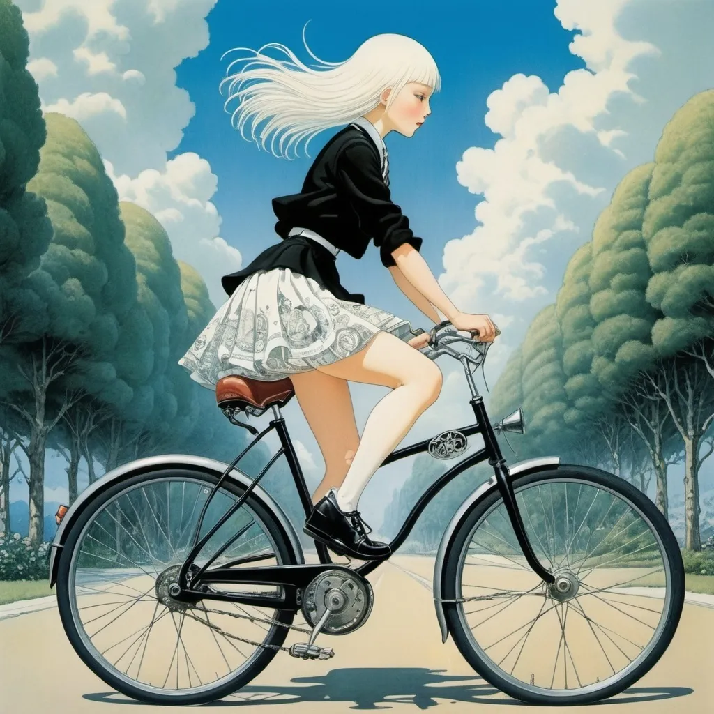 Prompt: Kay Nielsen, Ladislav Sutnar, Maria Louise Kirk, Václav Vaca, Katsuhiro Otomo, Surrealism, Mysterious, Weird, Outlandish, Fantasy, Sci-Fi, Japanese Anime, Miniskirt Beautiful High School Girl Pedaling a Bicycle, perfect voluminous body, Chasing the Horizon, detailed masterpiece low high angles perspectives 