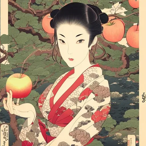 Prompt: Ukiyo-E style, Sydney Sime, Japanese anime, Katsuhiro Otomo, manga lines, Eve, solo girl, beautiful face, perfect body tight dress, under apple Tree, holding an apple, huge snake, hyperdetailed, realistic, high resolution, high quality, high definition, masterpiece 