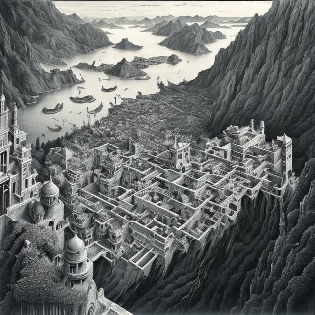 Prompt: M C Escher, Else Wenz-Vietor, Surreal, mysterious, strange, fantastical, fantasy, Sci-fi fantasy, anime, blueprint of the earth, perspective, perspective drawing, space, iron (earth), wind, water, life, strata, cross-section of the earth, detailed masterpiece bird’s eye views