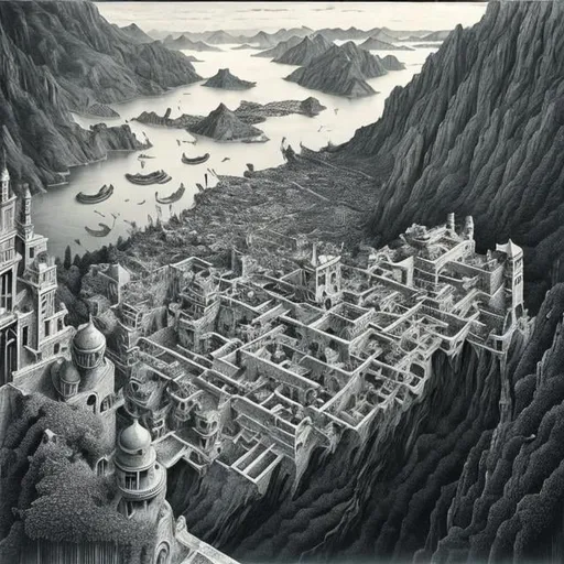 Prompt: M C Escher, Else Wenz-Vietor, Surreal, mysterious, strange, fantastical, fantasy, Sci-fi fantasy, anime, blueprint of the earth, perspective, perspective drawing, space, iron (earth), wind, water, life, strata, cross-section of the earth, detailed masterpiece bird’s eye views