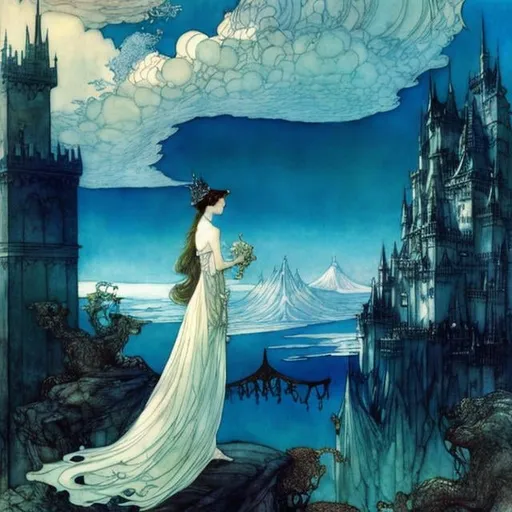 Prompt: Arthur Rackham, Kay Nielsen, Charles Robinson, Surreal, mysterious, strange, fantastical, fantasy, Sci-fi, Japanese anime, beautiful princess in a miniskirt stroking the head of a pet dragon, perfect body, castle balcony, blue sky, cumulonimbus clouds, detailed masterpiece wide angles perspectives 