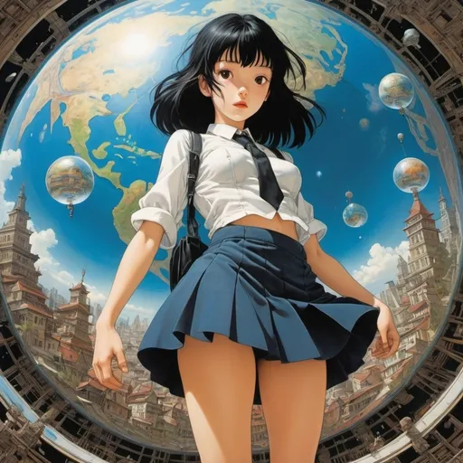 Prompt: Fabrizio Clerici, Frank Pape, Umberto Brunelleschi, Lebbeus Woods, Satoshi Kon, Surrealism, wonder, strange, bizarre, fantasy, Sci-fi, Japanese anime, mirror between heaven and earth, journey of multiple structures and beautiful high school girl in miniskirt, perfect voluminous body, automatic rotating celestial globe, detailed masterpiece 