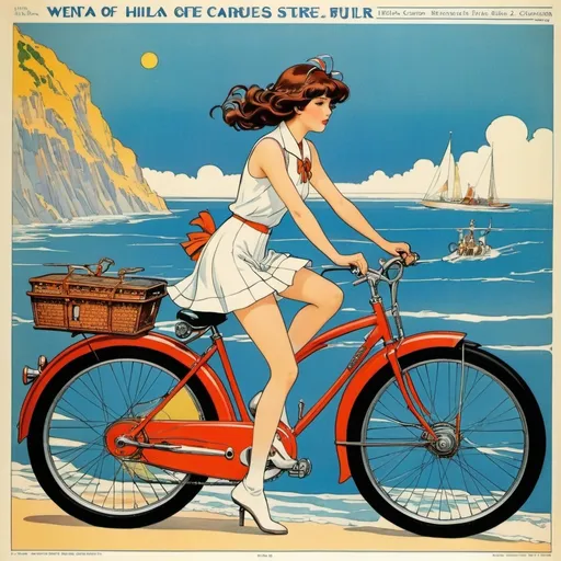 Prompt: Eric Fraser Full colours, Hilda Cowham, Eric Winter, Maxwell Armfield, George Barbier, Surrealism Mysterious Bizarre Fantastic Fantasy Sci-Fi, Japanese Anime, Miniskirt Beautiful High School Girl Crossing the Sea Chart on a Bicycle, perfect voluminous body, detailed masterpiece fine line drawings
