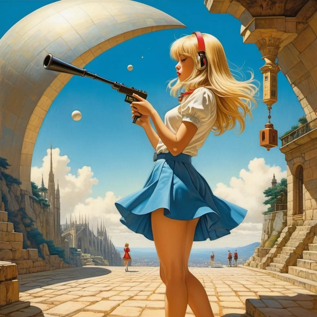 Prompt: Oscar Jimenez Full colours, Milan Trenc, Jacques Onfroy de Bréville, Pierre Joubert, Hasui Kawase, Surrealism, mysterious, bizarre, fantastical, fantasy, Sci-fi, Japanese anime, beautiful blonde mini-skirt girl Alice searching for the key to music, perfect voluminous body, rules of sheet music, art and craft, utopia as a play in space, detailed masterpiece angles perspectives 