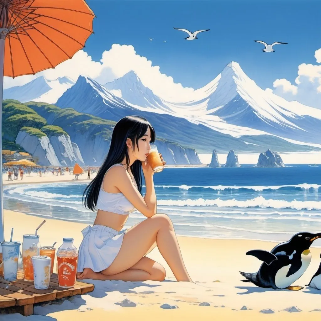 Prompt: Paul Ranson, Yuu Watase, Katsuhiro Otomo, Heikala, Marcel Janco, Surrealism, wonder, strange, bizarre, fantasy, sci-fi, Japanese anime, beautiful miniskirt girl Yuki-onna on the summer beach, enjoying iced coffee under a beach umbrella, perfect voluminous body, icebergs and penguins on the horizon, detailed masterpiece low high angles extreme perspectives