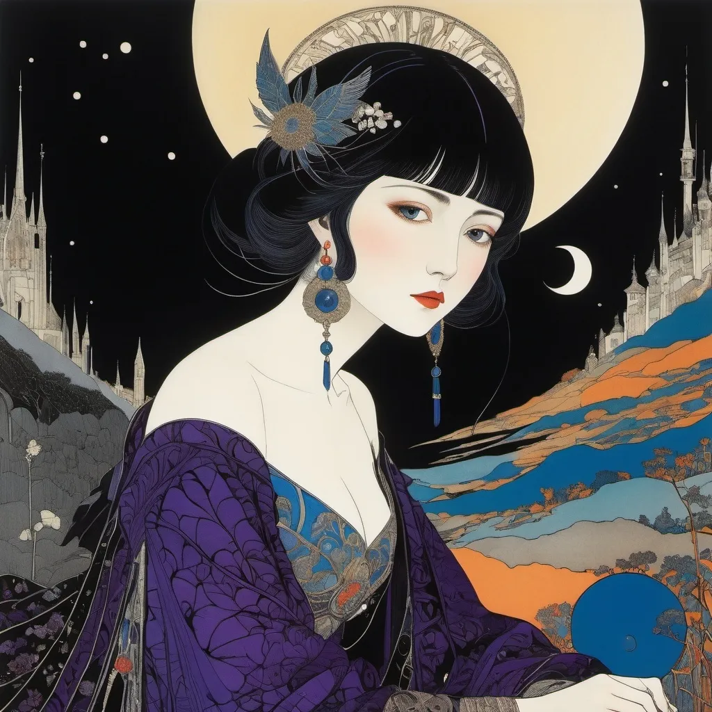 Prompt: Harry Clarke, Joe Hargan, Kanan Minami, Frances E (MacNair) MacDonald, Aubrey Beardsley full colours, Surrealism, wonder, strange, bizarre, fantasy, Sci-fi, Japanese anime, hunting in the darkness, night, words, and a journey to the end of the world, the tragic love between a miniskirt beautiful girl and the king of darkness, perfect voluminous body, detailed masterpiece 