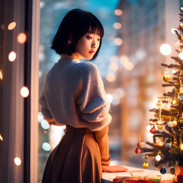 Prompt: Martyna Nejman, Kiyoko Arai, Surreal, mysterious, strange, fantastical, fantasy, Sci-fi, Japanese anime, beautiful girl from Mars enjoying Christmas shopping, short-haired, boyish, perfect voluminous body, detailed masterpiece cinematic lighting 