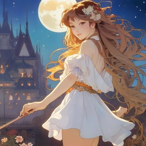 Prompt: Alphonse mucha, Barbara Cooney, Hiroshi Masumura, Surreal, mysterious, bizarre, fantastical, fantasy, Sci-fi, Japanese anime, symphony orchestra on the roof, beautiful girl in a miniskirt playing the violin, perfect body, dancing while playing the violin, long hair flowing, dynamism, bright moonlit night, stars, hyper detailed masterpiece 