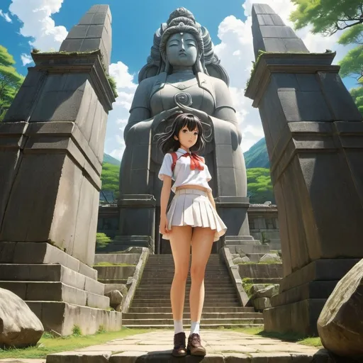 Prompt: Pedro Ruiz, Ayano Imai, Germán Londoño, Lebbeus Woods, Liz Danforth, Surrealism Mysterious Weird Fantastic Fantasy Sci-Fi, Japanese Anime, Ruins Temple, Giant Stone Statue of a Goddess, Miniskirt Beautiful High School Girl Looking Up at the Stone Statue from the Ground, perfect voluminous body, detailed masterpiece 