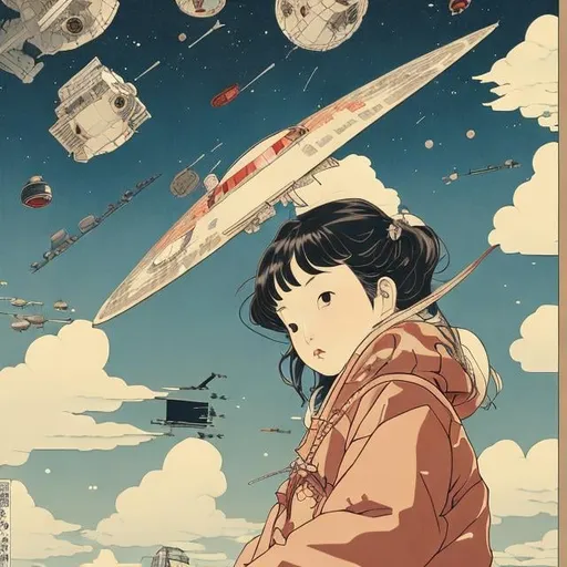 Prompt: Ukiyo-E Katsuhiro Otomo style, Japanese high school girl, short dark hair, looking up sky above, spacecraft in the sky, blue sky with clouds. manga lines, cowboy shot
