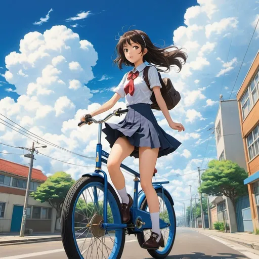 Prompt: Harry V Parkhurst, Kore Yamazaki, Surreal, mysterious, strange, fantastical, fantasy, Sci-fi, Japanese anime, cat riding a unicycle, street corner, beautiful high school girl in a miniskirt commuting to school, perfect voluminous body, clouds in the blue sky, detailed masterpiece 