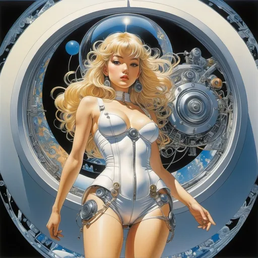 Prompt: Émile Fabry, Jessie M. King, Hajime Sorayama, Russell Patterson, Katsuya Terada, Surrealism, wonder, strange, bizarre, fantasy, Sci-fi, Japanese anime, Benham's disk, hand-cranked generator, gravity generator, miniskirt beautiful girl guide at the museum, perfect voluminous body, detailed masterpiece 