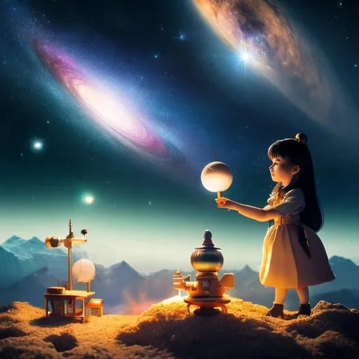 Prompt: Johnny Gruelle, Guðmundur Guðmundsson, Surreal, mysterious, bizarre, fantastical, fantasy, Sci-fi, Japanese anime, astronomical observatory laboratory, a miniskirt beautiful high school girl and an astronomer, looking at a miniature model of the galaxy floating in the air, a toy-sized spaceship popping out from inside the model, surprise, detailed masterpiece 