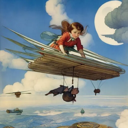 Prompt: Kate Greenaway, Jessie Willcox Smith Surreal Mysterious Strange Fantastic Fantasy Sci-Fi, Japanese Anime Giant Pancake Mountain Girl Climbing Blue Sky Clouds Biplane Bird's Eye View, details