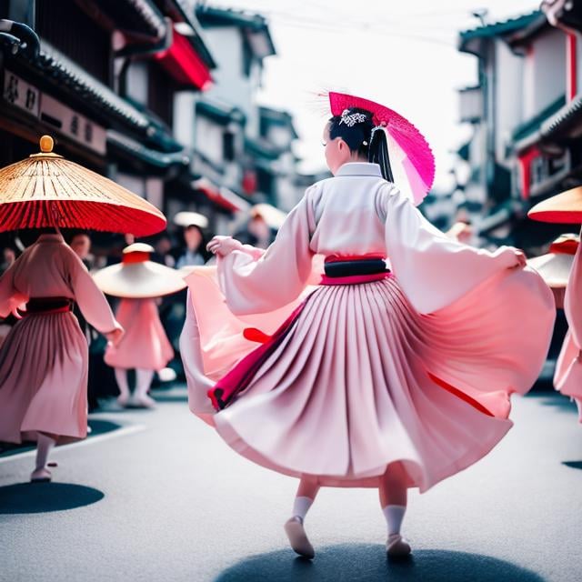 Prompt: ALEXANDRA GALLAGHER, Anne Anderson, Surreal, mysterious, strange, fantastical, fantasy, Sci-fi, Japanese anime, Alice, a beautiful blonde miniskirt kimono girl participating in the Awa Odori dance in Koenji, perfect body, the audience is very excited, fun, dynamic, detailed masterpiece colour drawings