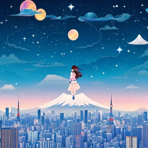 Prompt: Tokyo night scape, high school girl floating in the air, facing spaceship, galaxy above, hand drawn