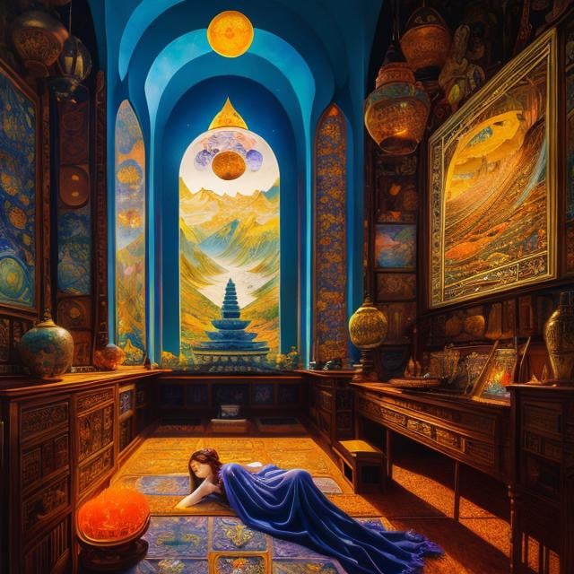 Prompt: Frits Van den Berghe, Ivan Bilibin, Surreal, mysterious, bizarre, fantastical, fantasy, Sci-fi, Japanese anime, perspective painting, daggers, theater architecture, sacred miniskirt beautiful girl sleeping, perfect body, corridor between dreams and reality, automatic writing, history of the invisible things, detailed 3-points perspective masterpiece 