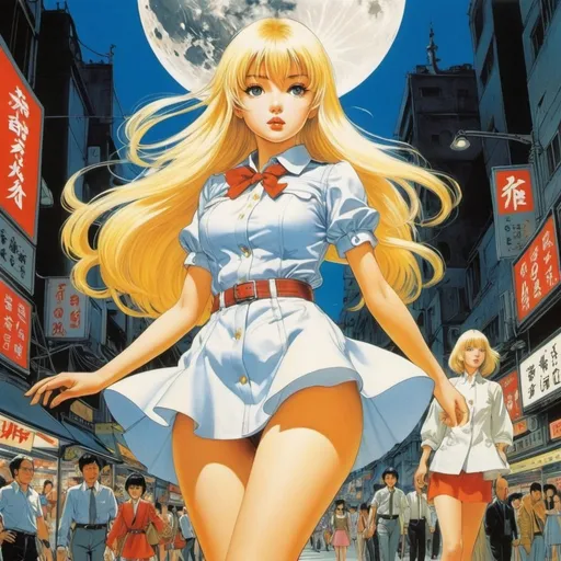 Prompt: Tania Yakunova, Katsuhiro Otomo, Karel Teige, Keiko Takemiya, Surrealism, mysterious, bizarre, fantastical, fantasy, Sci-fi, Japanese anime, going back in time to the Age of Exploration to conquer the New World, the mirror of darkness and the moon, and the beautiful blonde miniskirt girl Alice who destroys it, perfect voluminous body, dynamic action poses detailed masterpiece 