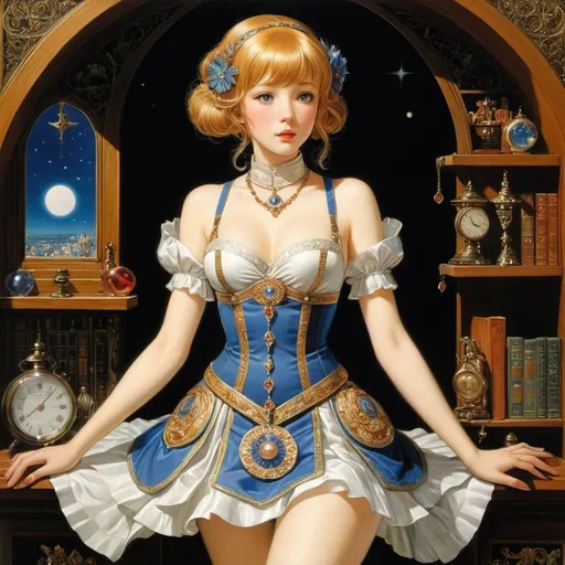 Prompt: Peg Maltby, Harold Gaze, Leonard William French, Surreal, mysterious, strange, fantastic, fantasy, Sci-fi, Japanese anime, Jewels in the Attic, Singing in the Midnight, Miniskirt Beautiful Girl in the Book of Hours, perfect voluminous body, detailed masterpiece 