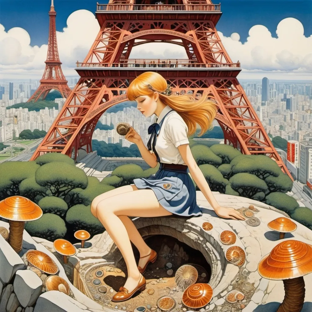 Prompt: Virginia Frances Sterrett, Léopold Survage, Rudolf Koivu, Katsuya Terada, Tove Jansson, Surrealism Mysterious Bizarre Fantastic Fantasy Science Fiction, Japanese Anime, Future Archeology, Miniskirt High School Girl Excavating Ammonite Fossils at Tokyo Tower, perfect voluminous body, detailed masterpiece low high angles perspectives 