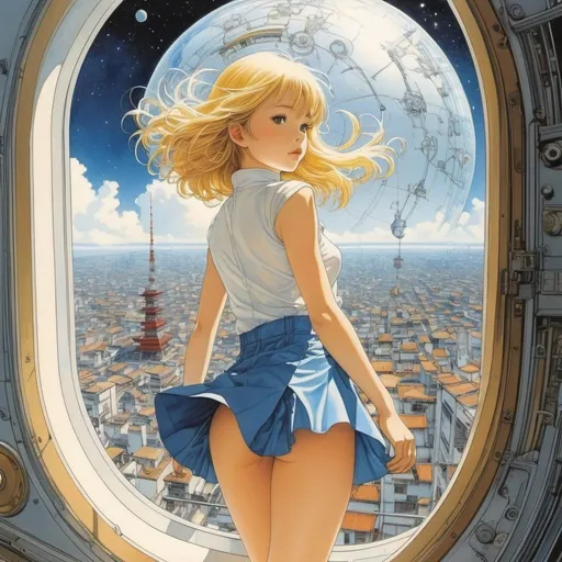 Prompt: Katsuhiro Otomo, Anne Anderson, Surreal, mysterious, strange, fantastical, fantasy, Sci-fi, Japanese anime, beautiful girl in a miniskirt who cuts out the sky and opens a window, perfect voluminous body, astrolabe, liquid-driven escapement, universe on earth, detailed masterpiece 