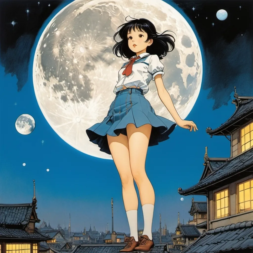 Prompt: Tatsuyuki Tanaka, Fernando Krahn, Winsor McCay, Taiyo Matsumoto, Anton Pieck, Surrealism, Mystery, Weird, Outlandish, Fantasy, Sci-Fi, Japanese Anime, Mainsprings and gears are falling from the broken moon that crashed. A beautiful high school girl in a miniskirt looks down on the moon from the rooftop, perfect voluminous body, detailed low high angles perspectives 