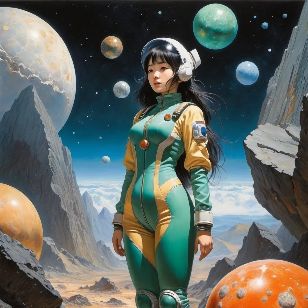 Prompt: Naoyuki Kato, Jessie Marion King, Émile Fabry, Henri-Jules Corneille de Groux, Ichigo Takano, Surrealism, mysterious, bizarre, fantastical, fantasy, Sci-fi, Japanese anime, mineralogy, a science that examines rocks to explore the history of the earth and connect it with the universe, jade, extraterrestrial mineral excavation, asteroid belt mine, beautiful girl in a space suit, perfect voluminous body, detailed masterpiece 