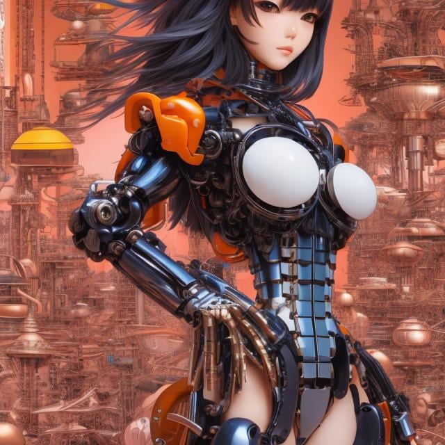 Prompt: Katsuhiro Otomo, Masamune Shirow, Frank Pape, Jean Giraud, Japanese anime, Mechanical girl, sweet beautiful face, shirt haired, perfect body style, part mechanical skin, part human, mechanical joints. Tubes attached, thin skintight, voluminous body, front angled, emphasize curves and shapes of body, detailed, high resolution definition quality masterpiece, depth of field,  Cinematic lighting, mechanics and machines background, cowboy shot looking up