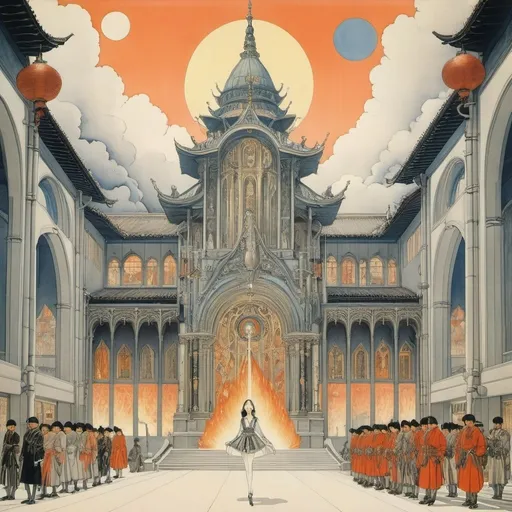 Prompt: Edward Julius Detmold, Pierre Le-Tan, Maurice Leloir, Katsuhiro Otomo, Kay Nielsen, Surrealism, strange, bizarre, fantastic, fantasy, Sci-fi, Japanese anime, beetle skeleton, burning fountain, blueprints and cross-sections of non-existent architecture, beautiful high school girl in miniskirt, perfect voluminous body, detailed masterpiece 