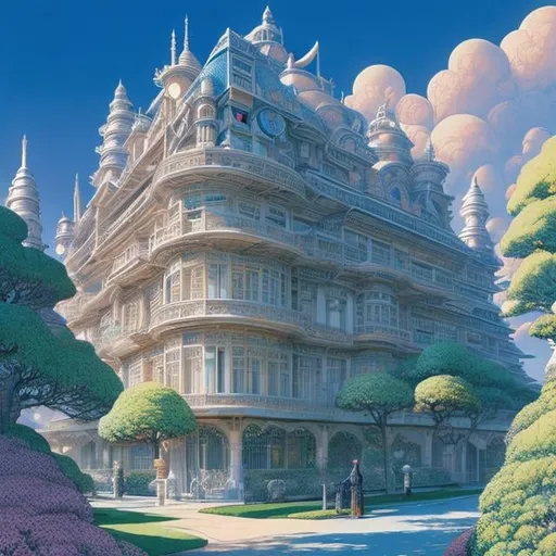 Prompt: François Schuiten, Katsuya Terada, Mabel Attwell, Surreal, mysterious, strange, fantastical, fantasy, Sci-fi fantasy, anime, rare camera, galloping lady, riding a blue bus in spring, parquet, novels are huge architecture, detailed masterpiece 