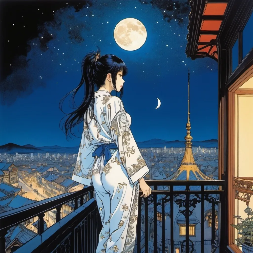 Prompt: Harry Clarke, Jiří Grus, Masamune Shirow, Alžběta Göbelová, Yuko Higuchi, Surrealism, Mysterious, Bizarre, Fantastic, Fantasy, Sci-Fi, Japanese Anime. Dawn greets you on the balcony without sleep. It's still pale, but now you can see faint stars and a crescent moon in the sky. A beautiful girl in pajamas overlooking the city, perfect voluminous body, detailed masterpiece 