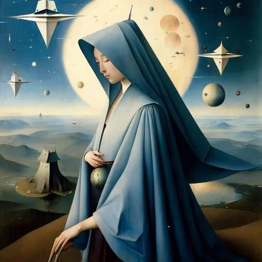 Prompt: Hieronymus Bosch, Gennady Spirin, Surreal, mysterious, strange, fantastical, fantasy, Sci-fi, Japanese anime, symbol of the heavens, origami spaceship, race to the moon, miniskirt beautiful girl, perfect voluminous body, solo girl close up, detailed masterpiece perspective angles 